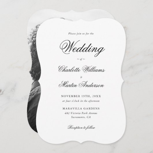 Elegantes Schwarz-Weiß-Script-Foto Hochzeit Einladung (Vorne/Hinten)