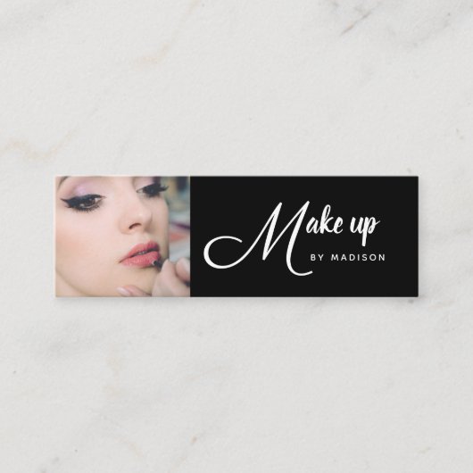 Elegantes Schwarz-Weiß-Script-Foto-Make-up Mini Visitenkarte (Vorderseite)