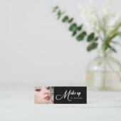 Elegantes Schwarz-Weiß-Script-Foto-Make-up Mini Visitenkarte (Stehend Vorderseite)