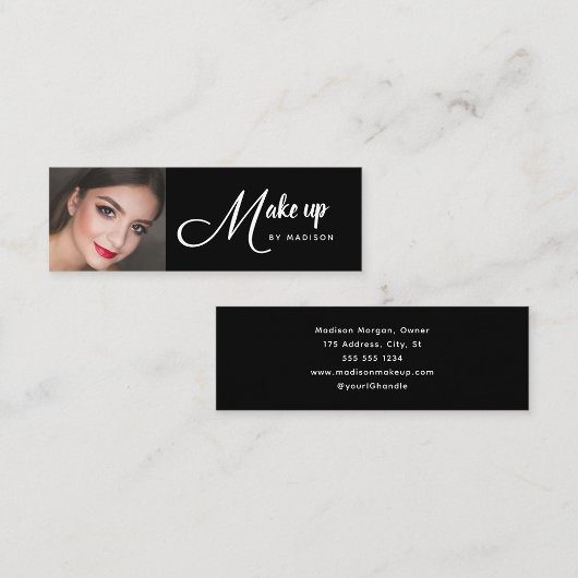 Elegantes Schwarz-Weiß-Script-Foto-Make-up Mini Visitenkarte