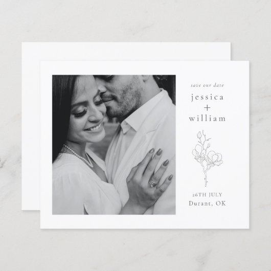 Elegantes Schwarz-Weiß-Script-Foto Save the Date (Vorne/Hinten)