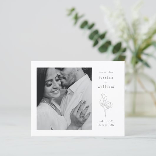 Elegantes Schwarz-Weiß-Script-Foto Save the Date (Stehend Vorderseite)