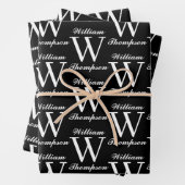 Elegantes Schwarz-Weiß-Script-Monogramm Geschenkpapier Set (Beispiel)