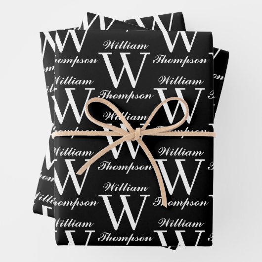 Elegantes Schwarz-Weiß-Script-Monogramm Geschenkpapier Set (Beispiel)