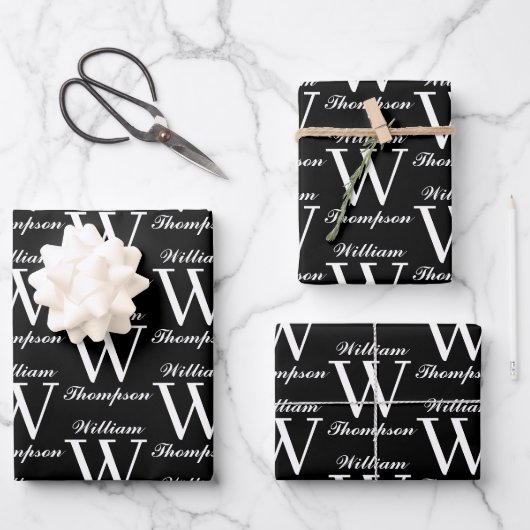 Elegantes Schwarz-Weiß-Script-Monogramm Geschenkpapier Set (Vorderseite)