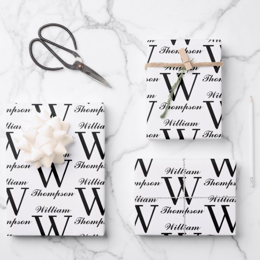 Elegantes Schwarz-Weiß-Script-Monogramm Geschenkpapier Set (Vorderseite)