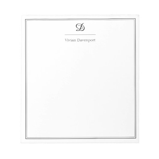 Elegantes Schwarz-Weiß-Script-Monogramm Notizblock (Vorderseite)