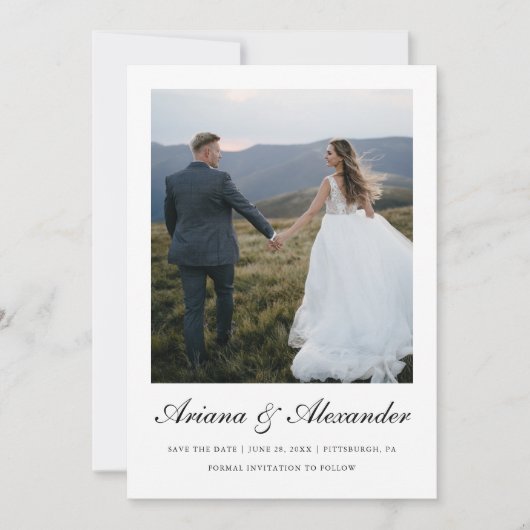 Elegantes Schwarz-Weiß-Script-Zwei-Foto Hochzeit Save The Date (Vorderseite)