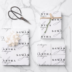 Elegantes Schwarz-Weiß-Signaturskript Geschenkpapier Set
