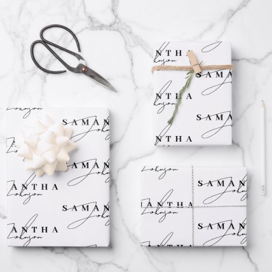 Elegantes Schwarz-Weiß-Signaturskript Geschenkpapier Set (Vorderseite)