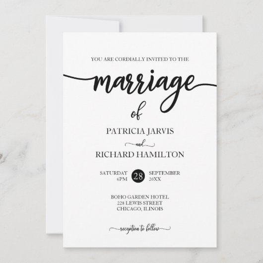 Elegantes Schwarz-Weiß-Skript-Hochzeit Einladung (Vorderseite)