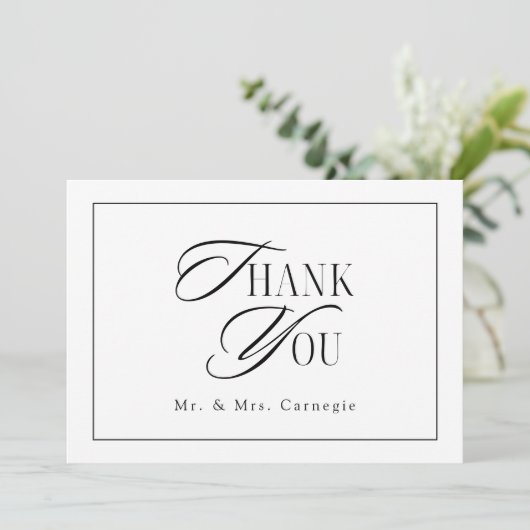 Elegantes Schwarz-Weiß-Skript-HochzeitsFoto Dankeskarte (Stehend Vorderseite)