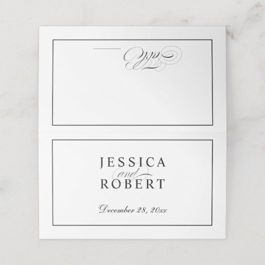 Elegantes Schwarz-Weiß-Skript Platzkarte (Außenseite Aufgefaltet)