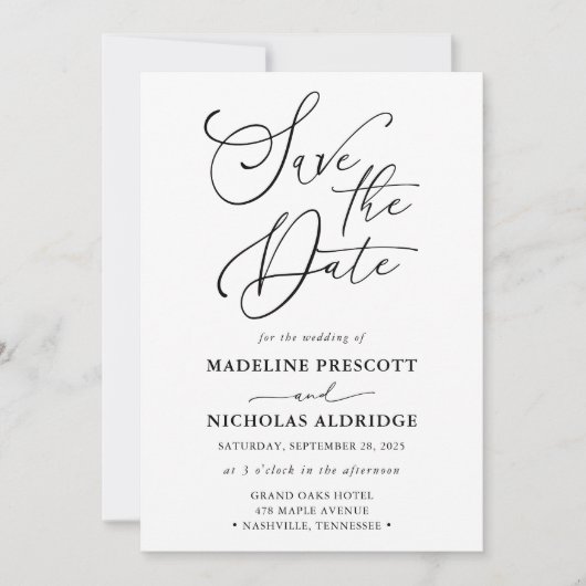 Elegantes Schwarz-Weiß-Skript Save the Date Einladung (Vorderseite)