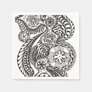 Elegantes Schwarz-Weiß-Spitzen-Zen-Doodle-Blumenpa Serviette