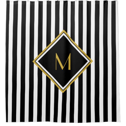 Elegantes Schwarz-Weiß Streifen Gold Monogramm Duschvorhang (Vorderseite)