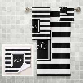 Elegantes Schwarz-Weiß-Streifen-Monogramm Badhandtuch Set