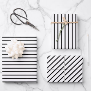 Elegantes Schwarz-Weiß-Streifenmuster Geschenkpapier Set