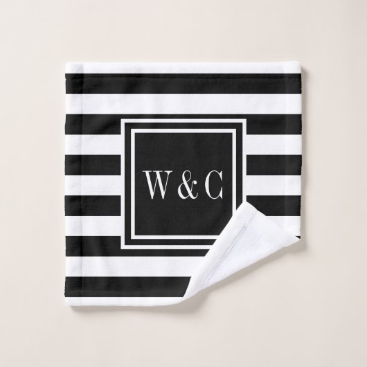 Elegantes Schwarz-weiß Stripe Monogramm Badhandtuch Set (Waschlappen)