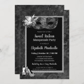 Elegantes Schwarz/Weiß Sweet 16 Masquerade Party Einladung (Vorne/Hinten)