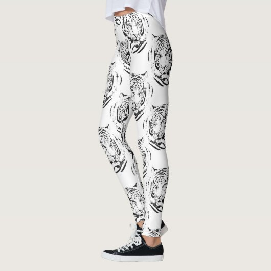 Elegantes Schwarz-Weiß-Tiger-Head Print Design Leggings (Links)