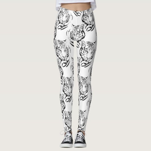 Elegantes Schwarz-Weiß-Tiger-Head Print Design Leggings (Vorderseite)