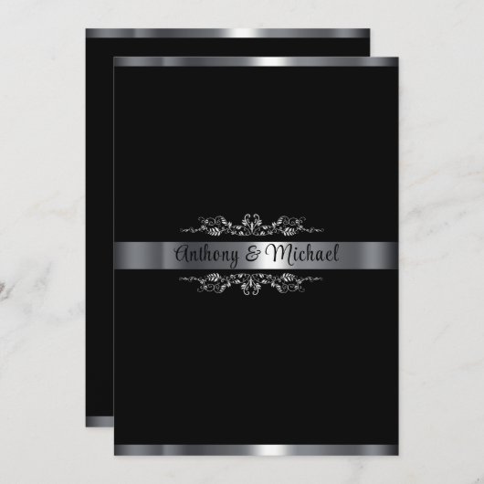 Elegantes Schwarz, Weiß und Silber Einladung (Vorne/Hinten)