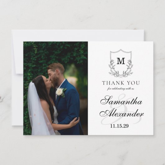 Elegantes Schwarz-Weiß-Wappen Dankeskarte (Vorderseite)