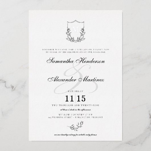 Elegantes Schwarz-Weiß-Wappen Hochzeit Folieneinladung (Vorderseite)