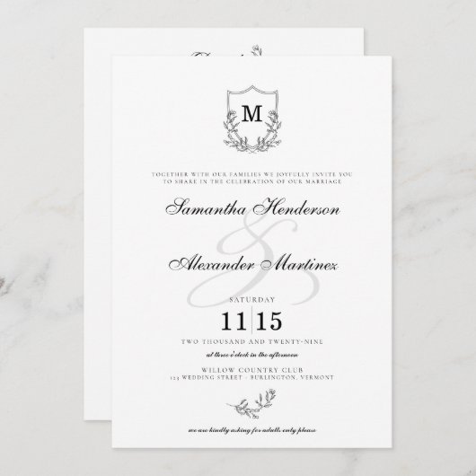 Elegantes Schwarz-Weiß-Wappen mit Details Hochzeit Einladung (Vorne/Hinten)