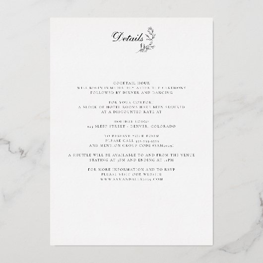 Elegantes Schwarz-Weiß-Wappen mit Details Hochzeit Folieneinladung (Rückseite)