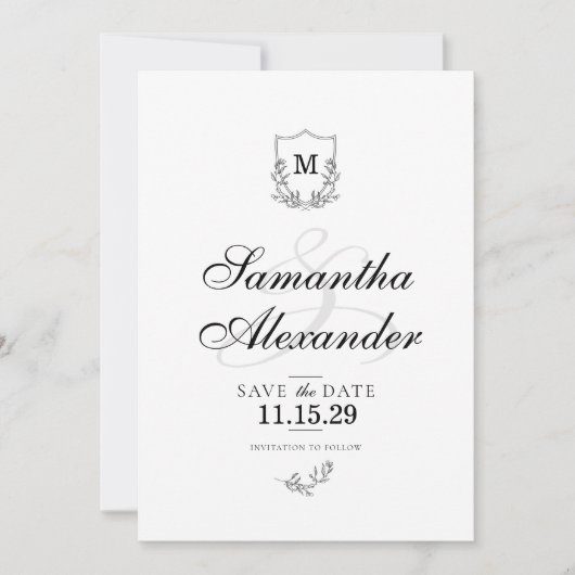 Elegantes Schwarz-Weiß-Wappen Save The Date (Vorderseite)