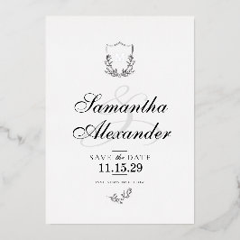 Elegantes Schwarz-Weiß-Wappen Save the Date Folieneinladung