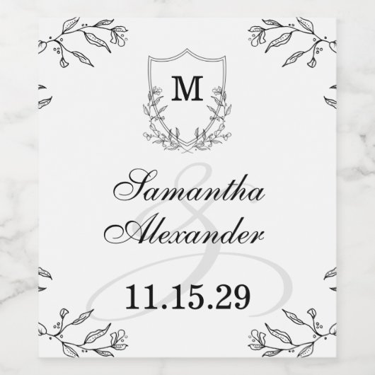 Elegantes Schwarz-Weiß-Wappen Save the Date Weinetikett (Einzelnes Label)