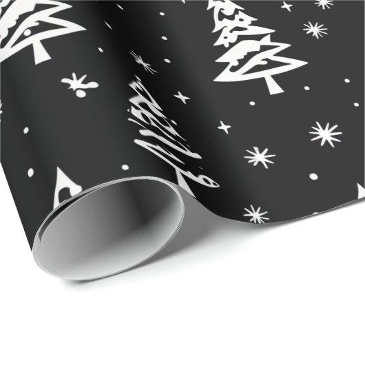 Elegantes Schwarz-Weiß-Weihnachtsbaummuster Geschenkpapier (Rolleneckpunkt)