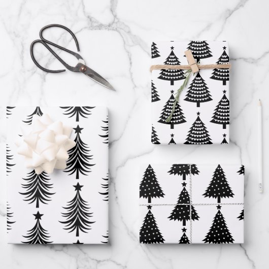 Elegantes Schwarz-Weiß-Weihnachtsbaummuster Geschenkpapier Set (Vorderseite)