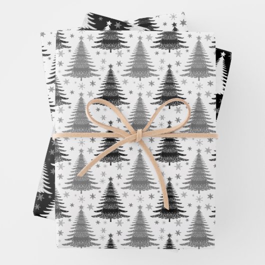 Elegantes Schwarz-Weiß-Weihnachtsbaummuster Geschenkpapier Set (Beispiel)