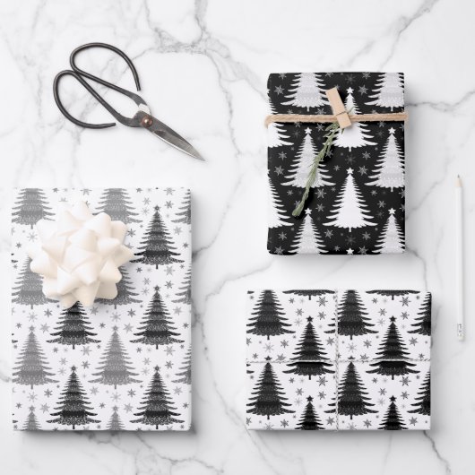 Elegantes Schwarz-Weiß-Weihnachtsbaummuster Geschenkpapier Set (Vorderseite)