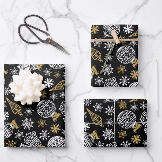 Elegantes Schwarz-Weiß-Weihnachtswrapping Paper Geschenkpapier Set (Vorderseite)