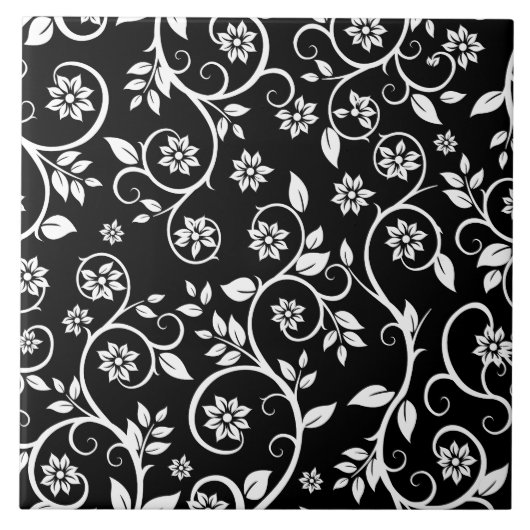 Elegantes schwarz-weißes Blumenmuster Fliese (Vorderseite)