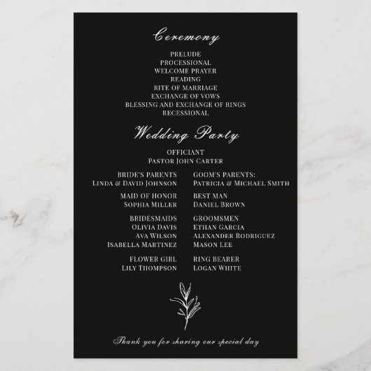 Elegantes Schwarz-weißes botanisches Hochzeitsprog (Rückseite)