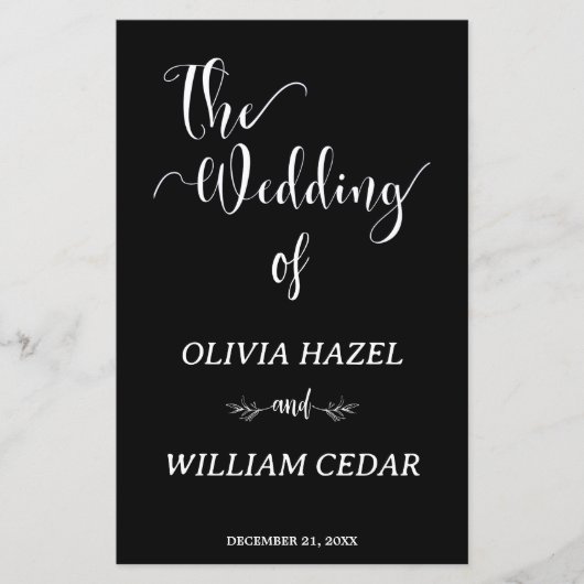 Elegantes Schwarz-weißes botanisches Hochzeitsprog (Vorderseite)