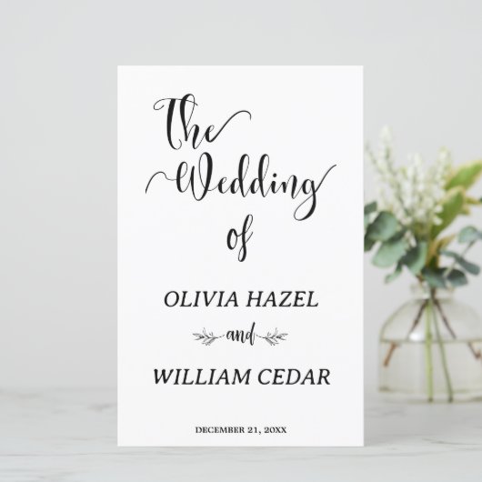 Elegantes Schwarz-weißes botanisches Hochzeitsprog (Stehend Vorderseite)