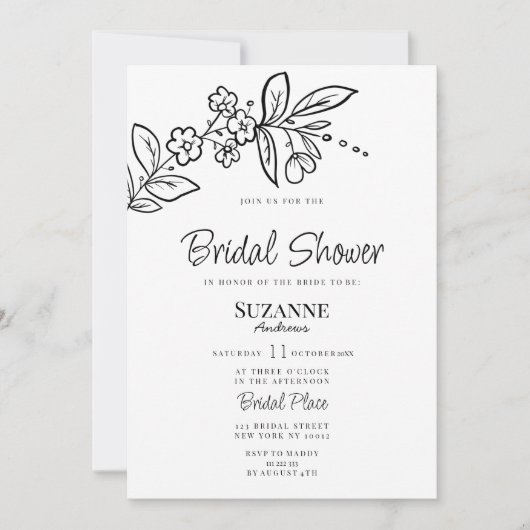 Elegantes Schwarz-weißes Brautparty mit Blumen Einladung (Vorderseite)