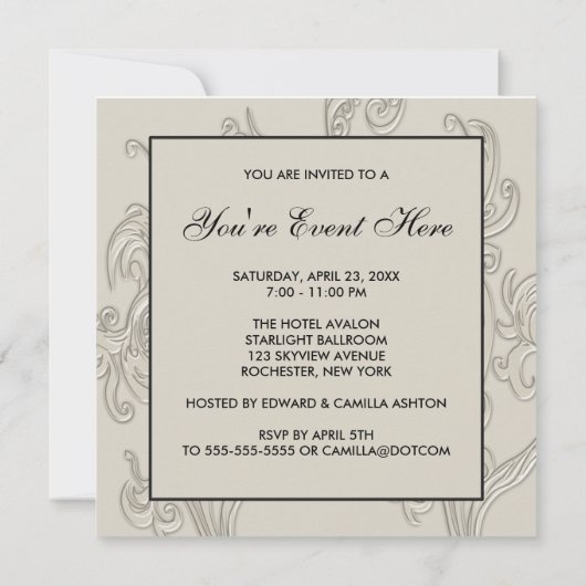 Elegantes Schwarz-weißes Cream Swirl Party Einladung (Rückseite)