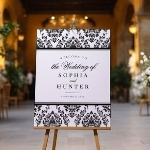 Elegantes Schwarz-weißes Damask-Begrüßungszeichen Poster