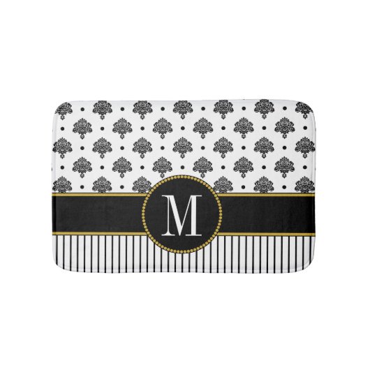 Elegantes Schwarz-weißes Damask Streifen Gold Mono Badematte (Vorderseite)