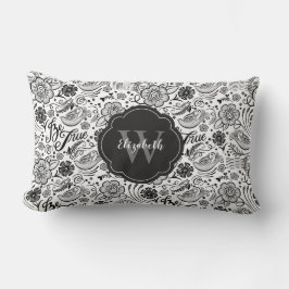 Elegantes Schwarz-weißes Floral Monogramm Pillow Lendenkissen