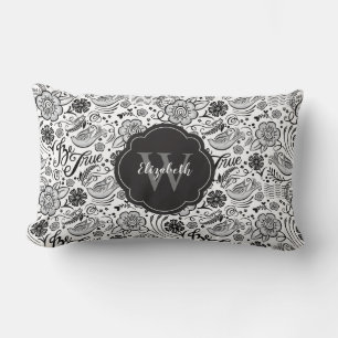 Elegantes Schwarz-weißes Floral Monogramm Pillow Lendenkissen