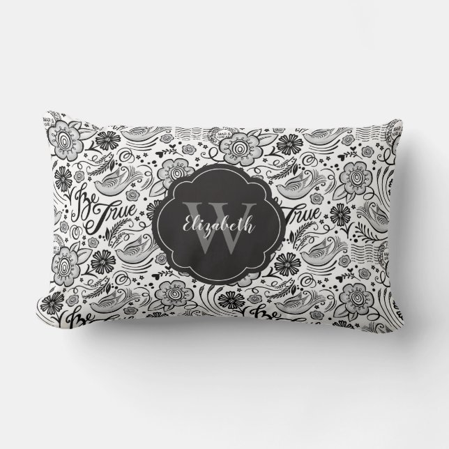 Elegantes Schwarz-weißes Floral Monogramm Pillow Lendenkissen (Vorderseite)